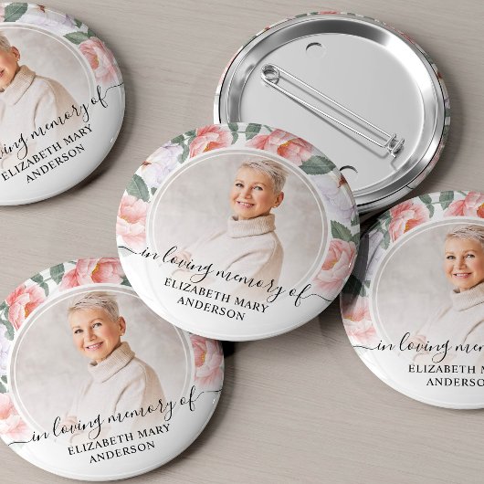 Loving Memory Waterカラーフローラ写真の葬儀 缶バッジ