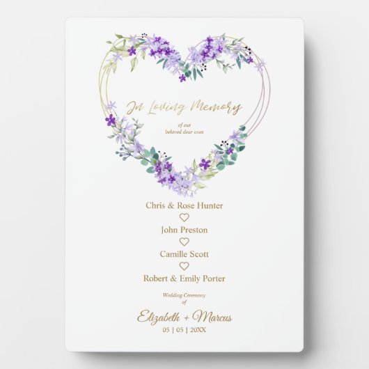 Loving Memory'sの紫のフローラ結婚ハート フォトプラーク (正面)