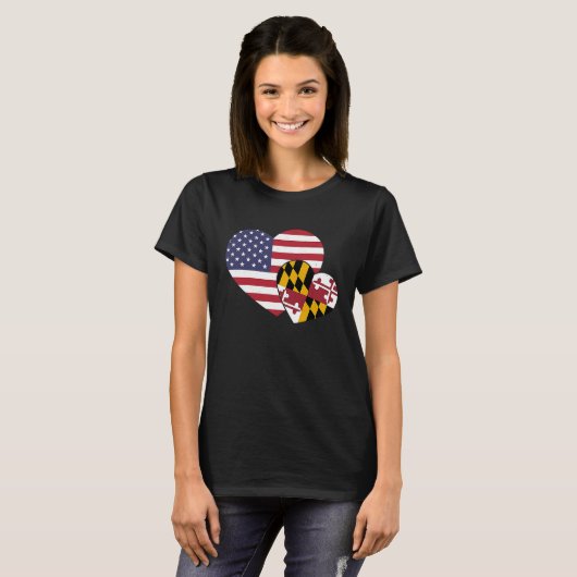 Loving USA & Maryland State Flag Heart Proud Ameri Tシャツ (正面フル)
