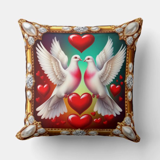 Loving White Doves Framed with Hearts クッション (正面)