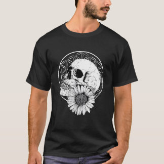 Lowbrow Macabre Streetwear Skull And Flower Black  Tシャツ