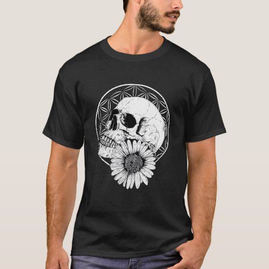 Lowbrow Macabre Streetwear Skull And Flower Black  Tシャツ (正面)