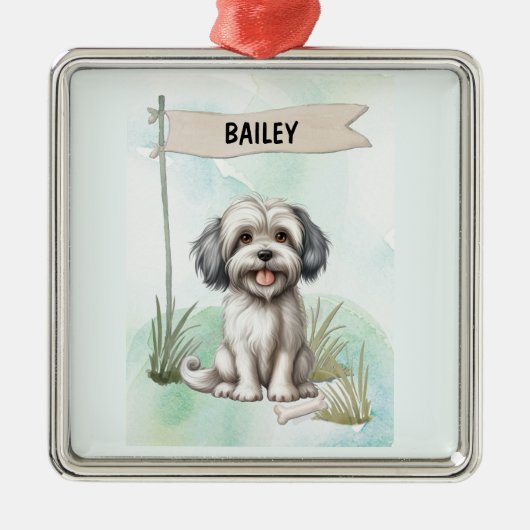Lowchen Watercolor Personalized Dog メタルオーナメント (正面)