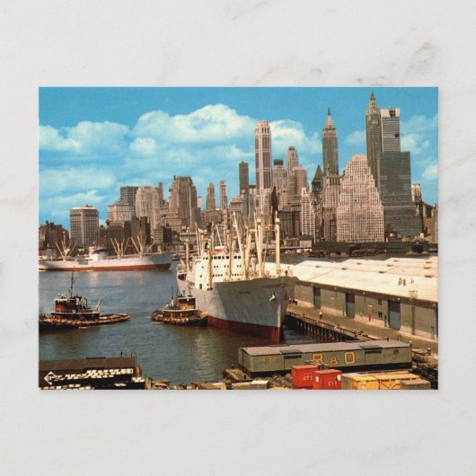 Lower Manhattan Skyline, East River, 1950sヴィンテージ ポストカード (正面)