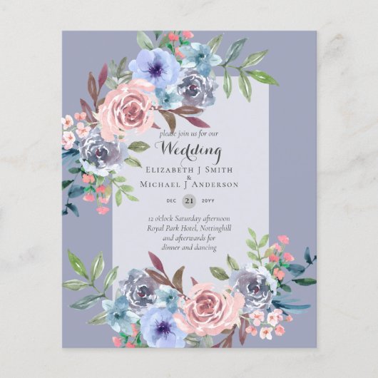 LOWEST BUDGETピンク青い花の結婚式招待状 チラシ (正面)