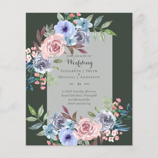 LOWEST BUDGETピンク青い花の結婚式招待状 チラシ (正面)