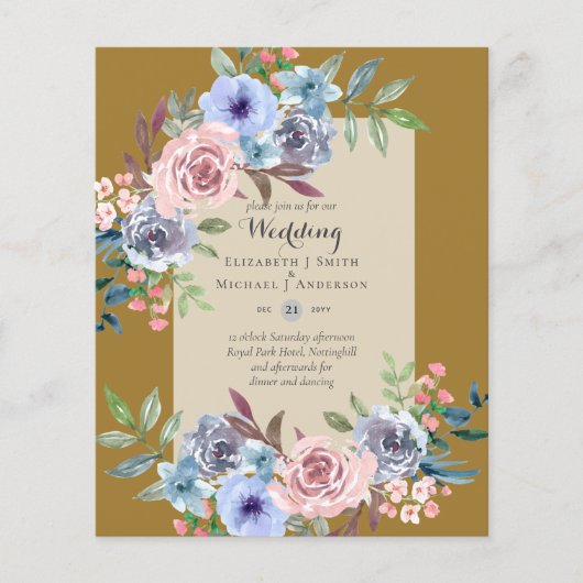 LOWEST BUDGETピンク青い花の結婚式招待状 チラシ (正面)
