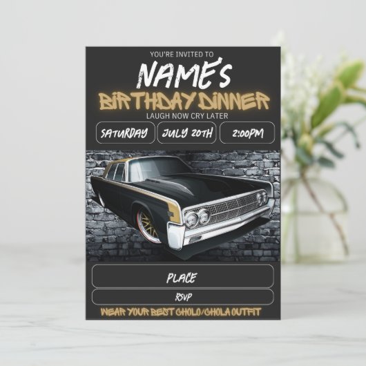 Lowrider Birthday Invitation, Chicano 90s Birthday 招待状 (スタンド正面)