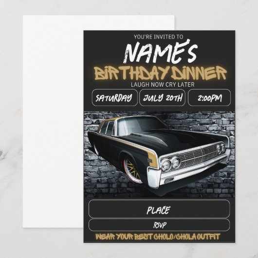 Lowrider Birthday Invitation, Chicano 90s Birthday 招待状 (正面/裏面)