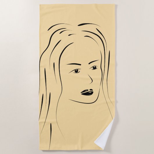 Loyal Black Line Art Woman Face Digital Hand-drawn ビーチタオル (正面)