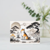 Loyal Dog in Garden Under Bonsai ink art シーズンポストカード (スタンド正面)