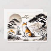Loyal Dog in Garden Under Bonsai ink art シーズンポストカード (正面/裏面)