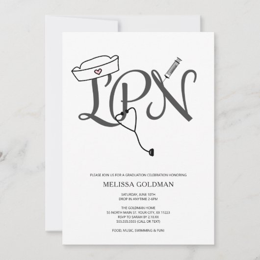 LPNナースの卒業招待状が簡単に記載 招待状 (正面)
