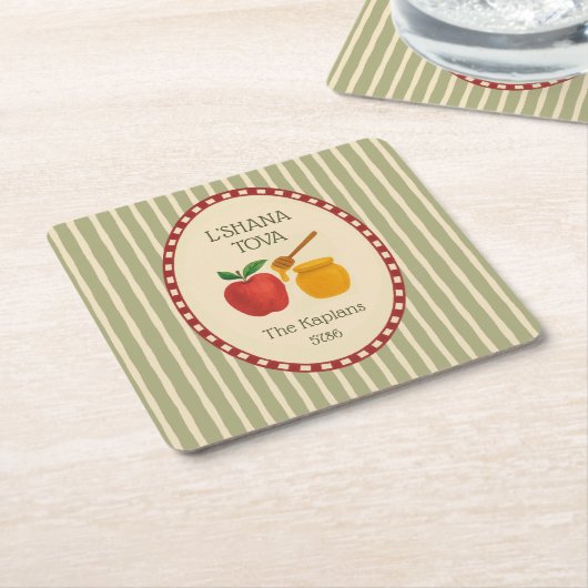 L'Shana Tova Rosh Hashanahユダヤ人新年ストライプの スクエアペーパーコースター (アングル)