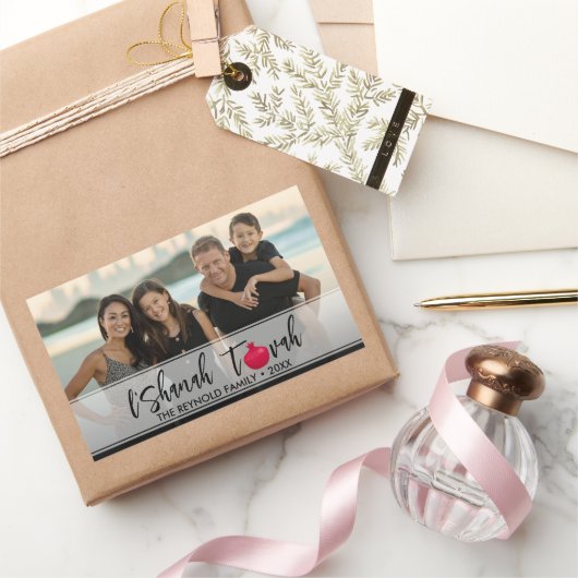 L'Shanah Tovah Pomegranateスクリプトエレガント写真 長方形シール (ギフト)