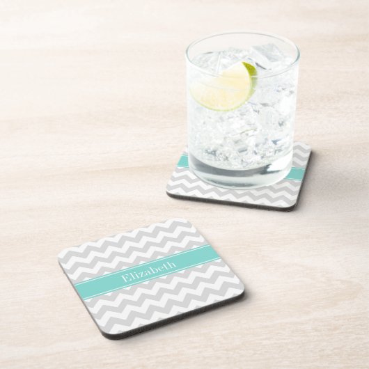 Ltグレーウィットシェブロンアクアターコイズ名モノグラム コースター (右側)