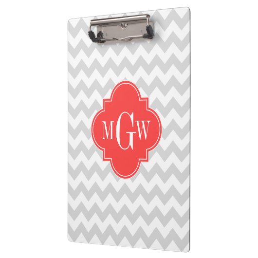 Ltグレーホワイトシェブロンコーラルクローバーモノグラム クリップボード (左)