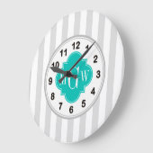 Ltグレーホワイトストライプティール(緑がかった色)クローバー3モノグラム ラージ壁時計 (傾斜)