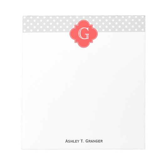 Ltグレーホワイト水玉模様コーラルクローバーモノグラム ノートパッド (正面)