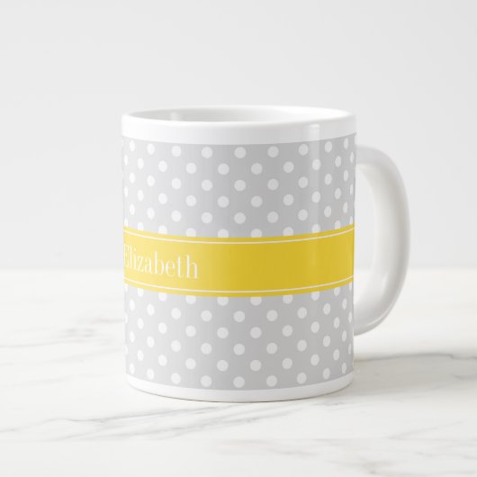 Ltグレーホワイト水玉模様パイナップル名モノグラム ジャンボコーヒーマグカップ (正面右)