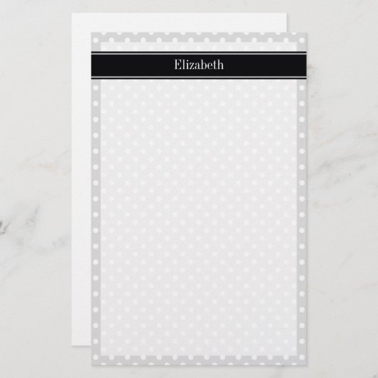Ltグレーホワイト水玉模様ブラックネームモノグラム 便箋 (正面/裏面)