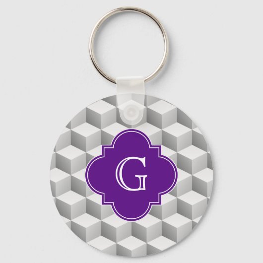 Ltグレーホワイト3Dルックキューブパープルモノグラム キーホルダー (正面)