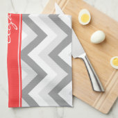 Ltグレーメッドグレーホワイトシェブロンコーラルネームモノグラム キッチンタオル (四つ折り)