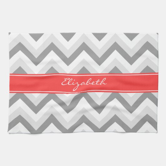 Ltグレーメッドグレーホワイトシェブロンコーラルネームモノグラム キッチンタオル (横)