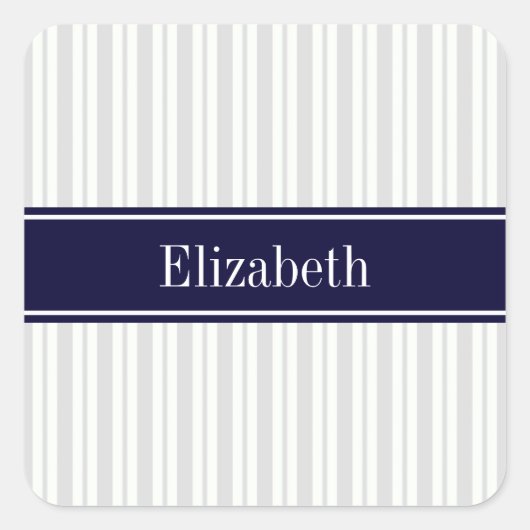 Ltグレー白くむらストライプなネイビーブルー名モノグラム スクエアシール (正面)
