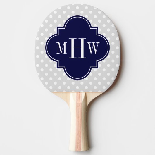 Lt灰色の白い水玉模様海軍クローバー3のモノグラム 卓球ラケット (正面)