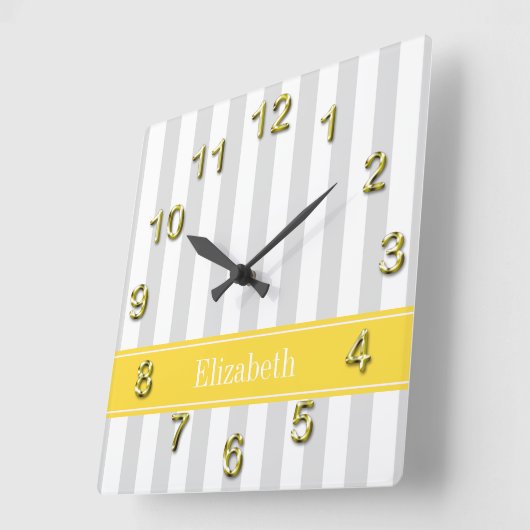 Lt灰色の白のストライプのパイナップル名前のモノグラム スクエア壁時計 (傾斜)