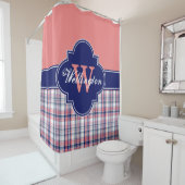 Lt Coral Navy Blue Madras Plaid 1ICBリボン名 シャワーカーテン (インサイチュ)