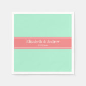 Lt Mint、無地のLt Coral Ribbon Name Monogram スタンダードカクテルナプキン (正面)