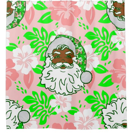 luau pink christmas hawaiian black santa hibiscus シャワーカーテン (正面)