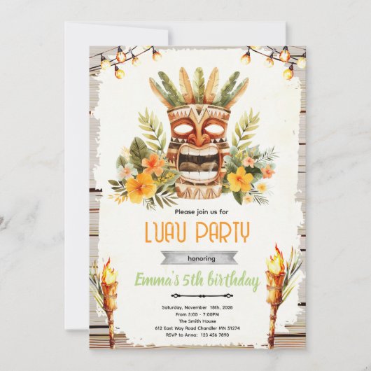 Luau tiki birthday party invitation 招待状 (正面)