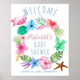 Luau tropical wreath baby shower welcome sign ポスター