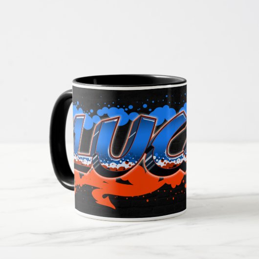 Lucas Vorname Name Graffiti blue orange Tasse マグカップ (正面左)