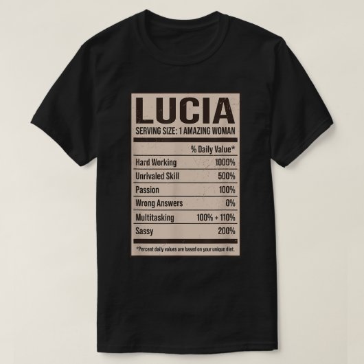 Lucia Nutrition Facts Name Nickname Alias Title Fo Tシャツ (デザイン正面)