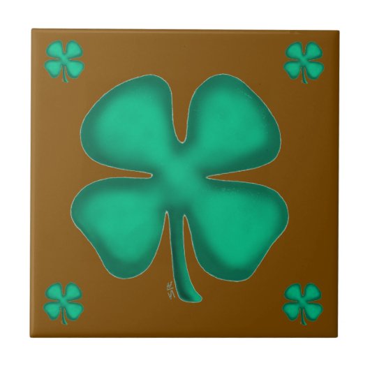 Lucky 4 Leaf Irish Clover 5 brown small tile タイル (正面)