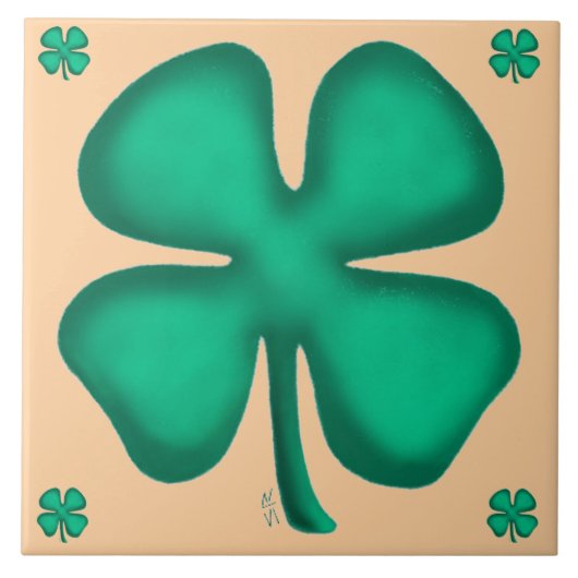 Lucky 4 Leaf Irish Clover 5 tan large tile タイル (正面)