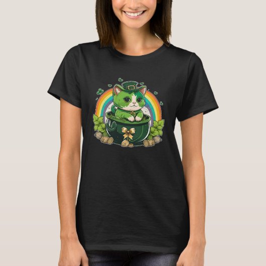 Lucky Cat and Pot Rainbow Shamrock St Patrick s Da Tシャツ (正面)