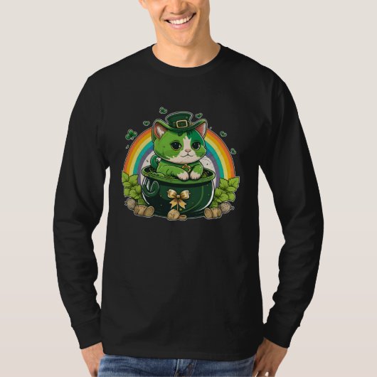 Lucky Cat and Pot Rainbow Shamrock St Patrick s Da Tシャツ (正面)