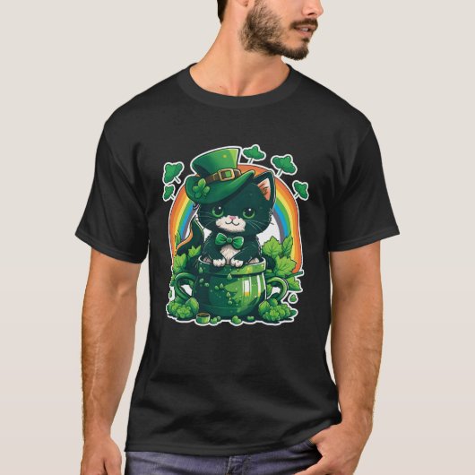 Lucky Cat and Pot Rainbow Shamrock St Patrick s Da Tシャツ (正面)