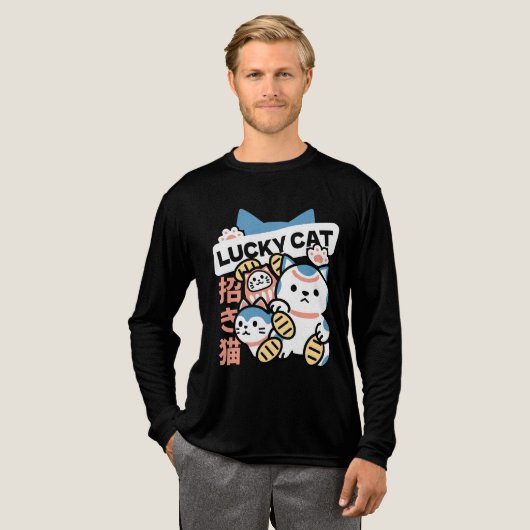 Lucky Cat Art – Maneki Neko with Gold Coin トライブレンドＴシャツ (正面全体)