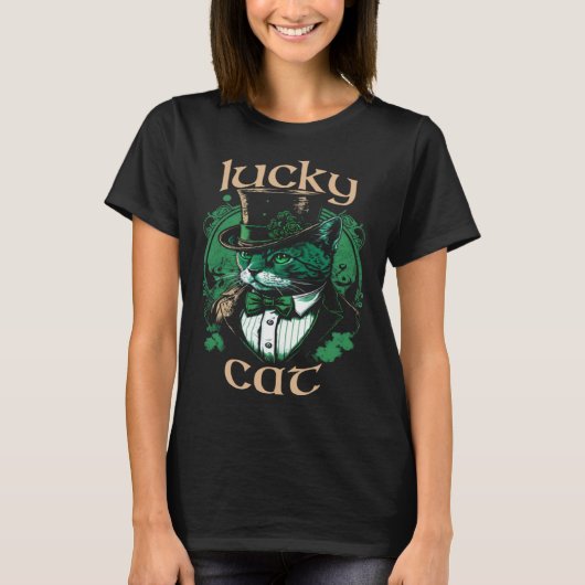 Lucky Cat Cute and Leprechaun Cat Graphic Tシャツ (正面)