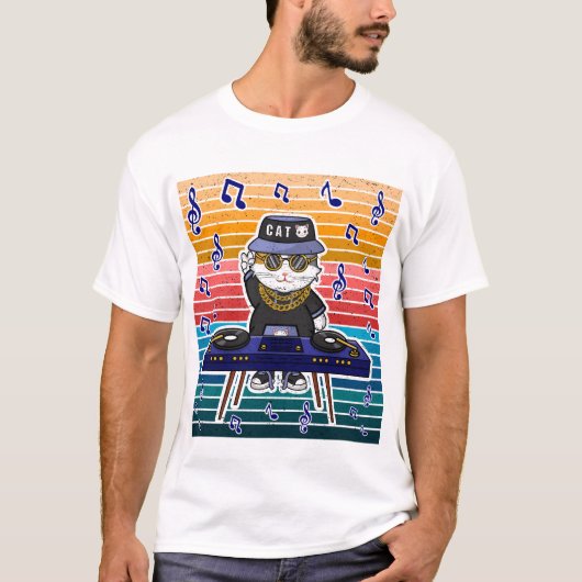 Lucky Cat Maneki Neko DJ Retro Music Art Tシャツ (正面)