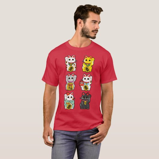 Lucky Cat Maneki Neko family retro Tシャツ (正面フル)