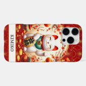 Lucky Cat With Gold Coins On Red Monogrammed iPhoneケース (裏面横)