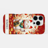 Lucky Cat With Gold Coins On Red Monogrammed iPhoneケース (裏面横)