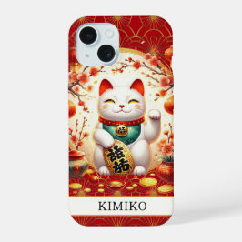 Lucky Cat With Gold Coins On Red Monogrammed iPhone 15ケース